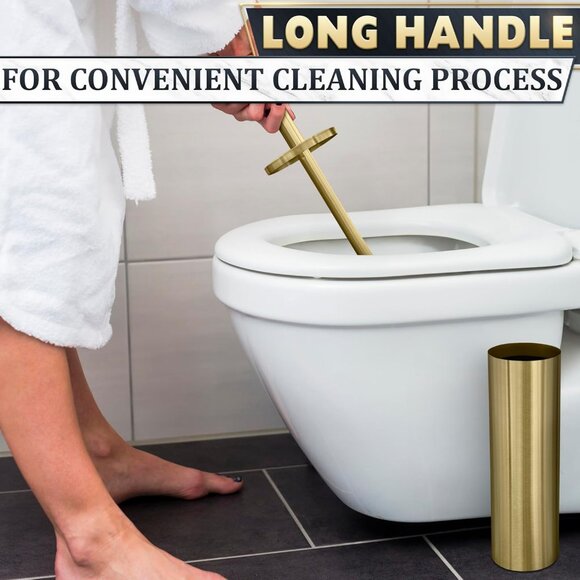 Gold Stainless Steel Toilet Brush and Holder Set Replaceable Head Dense Bristles - Picture 8 of 9